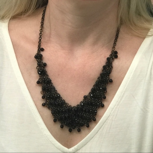 CHICO'S Chain Mesh Black Beaded Statement Necklace Vintage Ballet Antique Gold
